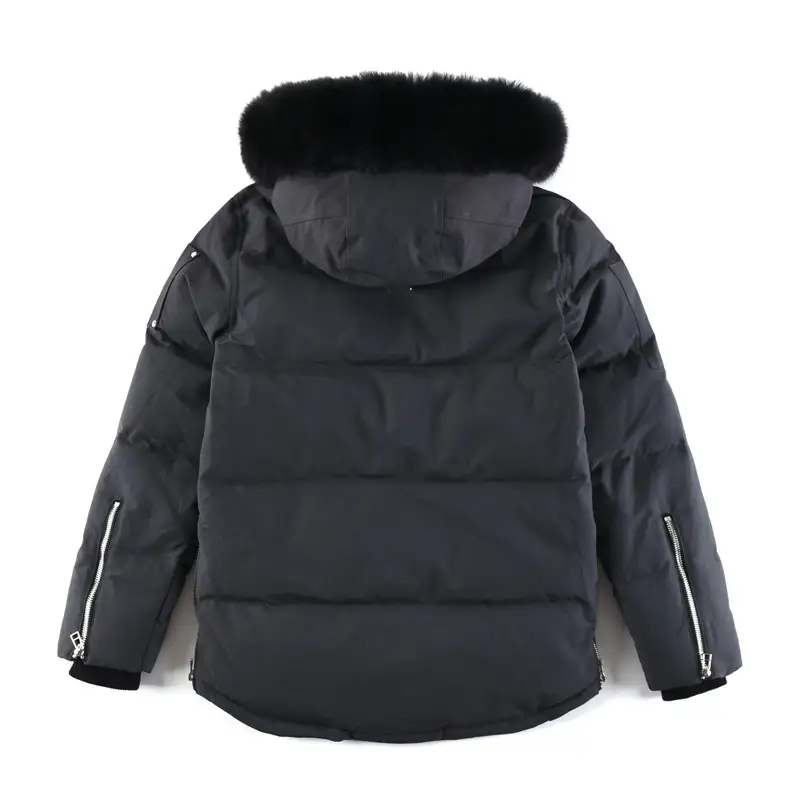 Canada Goose Hybridge black down jacket with fur hood and zipper details on sleeves