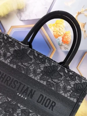 Christian Dior Book Tote medium black embroidered canvas bag with floral lace pattern and top handles