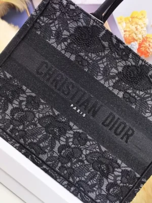 Christian Dior Book Tote medium black embroidered lace canvas bag with logo detailing