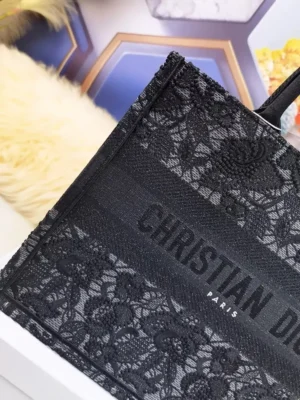 Christian Dior Book Tote lace medium black embroidered canvas bag with floral pattern and logo text