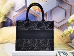 Dior Book Tote Medium black lace canvas tote bag with leather handles