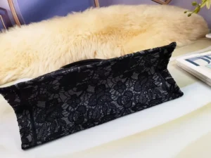 Dior Lady Dior medium black lace fabric handbag with floral embroidery and leather handle