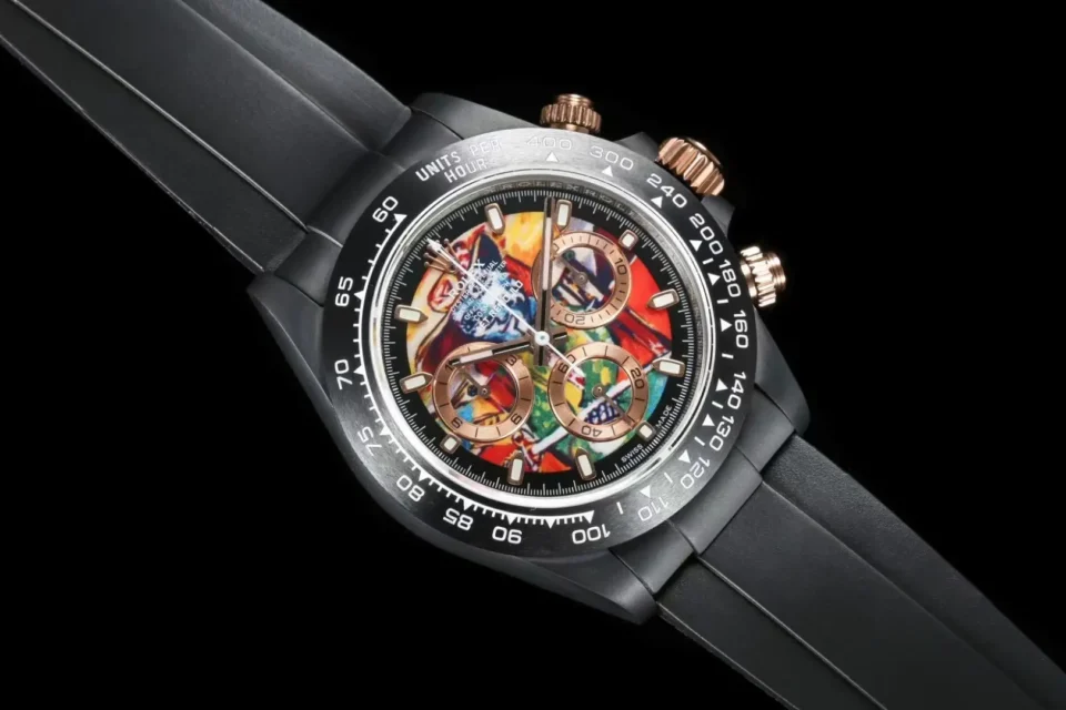 Rolex Daytona multicolor dial ceramic bezel black rubber strap watch with rose gold crowns