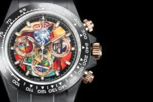 AET REMOULD Rolex Daytona Ceramic "The Injured Bullfighter" watch featuring a colorful artistic dial, black ceramic case, and rubber strap, emphasizing luxury and collectibility.