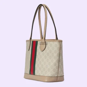 Gucci Ophidia small tote bag in beige and ebony GG Supreme canvas with red and green striped webbing, showcasing luxury design and craftsmanship.