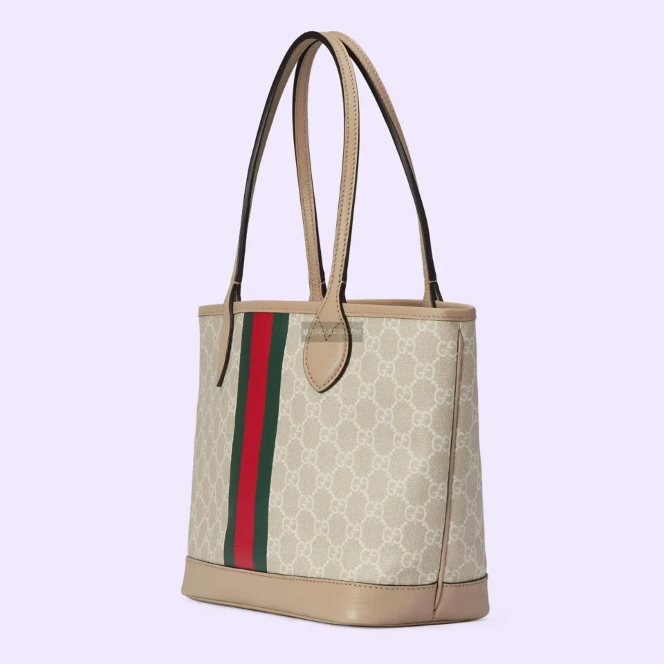 Gucci Ophidia Tote Bag medium beige GG canvas with green red web stripe and leather trim