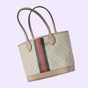 Gucci Ophidia small tote bag in beige and ebony GG Supreme canvas with red and green striped webbing, showcasing luxury design and craftsmanship.