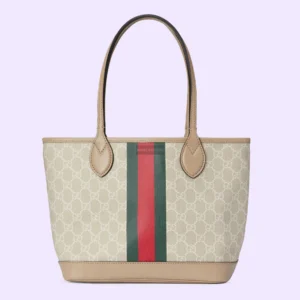 Gucci Ophidia small handbag in beige GG Supreme canvas with red and green striped webbing, featuring rolled leather edges and dual handles.