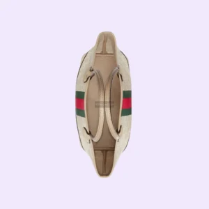 Ophidia small handbag by Gucci featuring beige and ebony GG Supreme canvas, red and green striped webbing, and oat leather details, viewed from above.