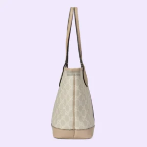 Gucci Ophidia small handbag featuring beige and ebony GG Supreme canvas with rolled oat leather edges and shoulder straps.
