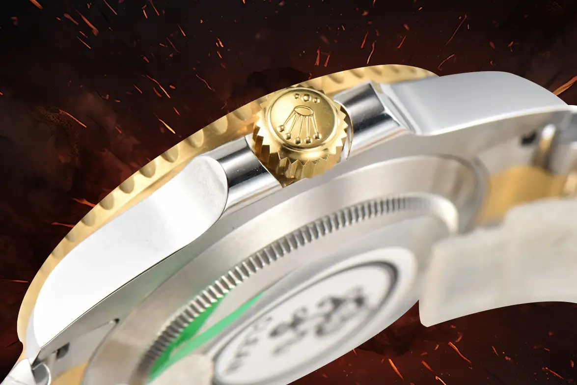 Rolex Submariner 116613LB blue dial gold ceramic bezel stainless steel watch close-up side view of crown and case back