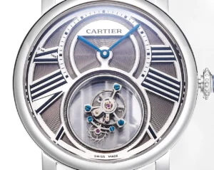 Cartier Rotonde de Cartier Tourbillon silver dial stainless steel case watch with blue hands and skeleton window mechanism