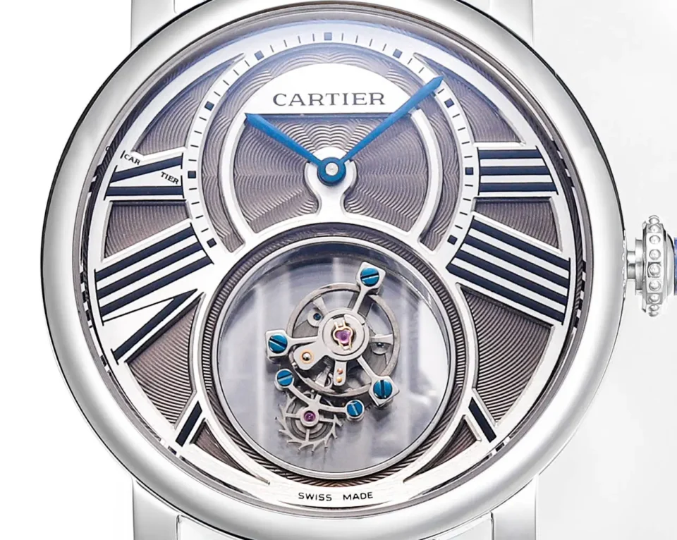 Cartier Rotonde de Cartier Tourbillon silver dial stainless steel case watch with blue hands and skeleton window mechanism
