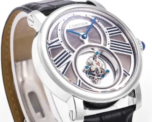 Cartier Rotonde de Cartier Tourbillon silver dial stainless steel case black leather strap watch
