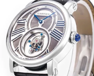 Cartier Rotonde de Cartier silver dial stainless steel case watch with black leather strap and blue hands