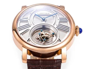 Cartier Rotonde de Cartier silver dial rose gold case brown leather strap watch with blue hands and tourbillon mechanism