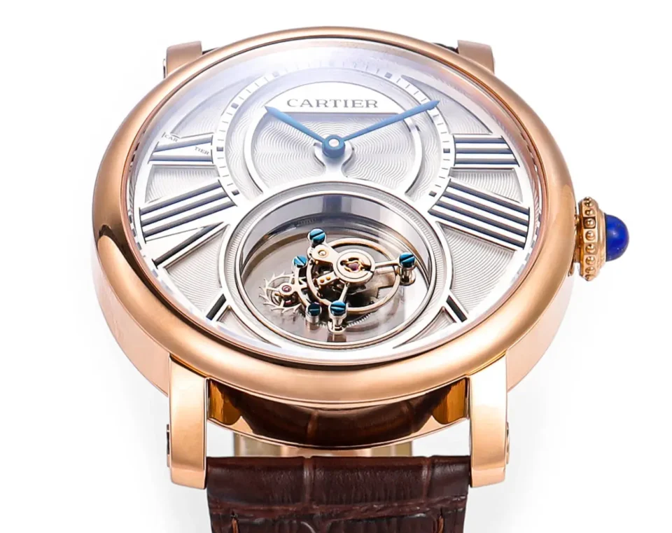 Cartier Rotonde de Cartier silver dial rose gold case brown leather strap watch with blue hands and tourbillon mechanism