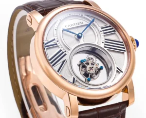 Cartier Rotonde de Cartier silver dial rose gold case watch with brown leather strap and sapphire crown