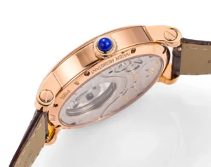 Cartier Drive de Cartier watch rose gold case sapphire cabochon crown transparent back with leather strap
