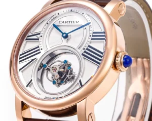 Cartier Ballon Bleu de Cartier white dial rose gold case and bezel men's luxury watch with blue steel hands