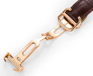 Cartier watch brown leather strap with 18K rose gold deployment clasp buckle Swiss made luxury accessory