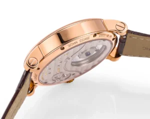 Cartier watch model 3355 rose gold case transparent back brown leather strap Swiss made luxury timepiece