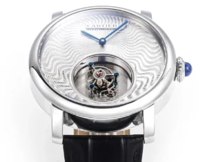 Cartier Rotonde de Cartier silver guilloché dial stainless steel case watch with black leather strap