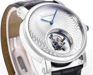 Cartier Ballon Bleu Tourbillon silver guilloche dial stainless steel case black leather watch