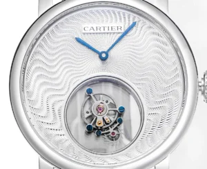 Cartier Rotonde de Cartier Tourbillon silver dial stainless steel case watch with blue hands and visible tourbillon mechanism
