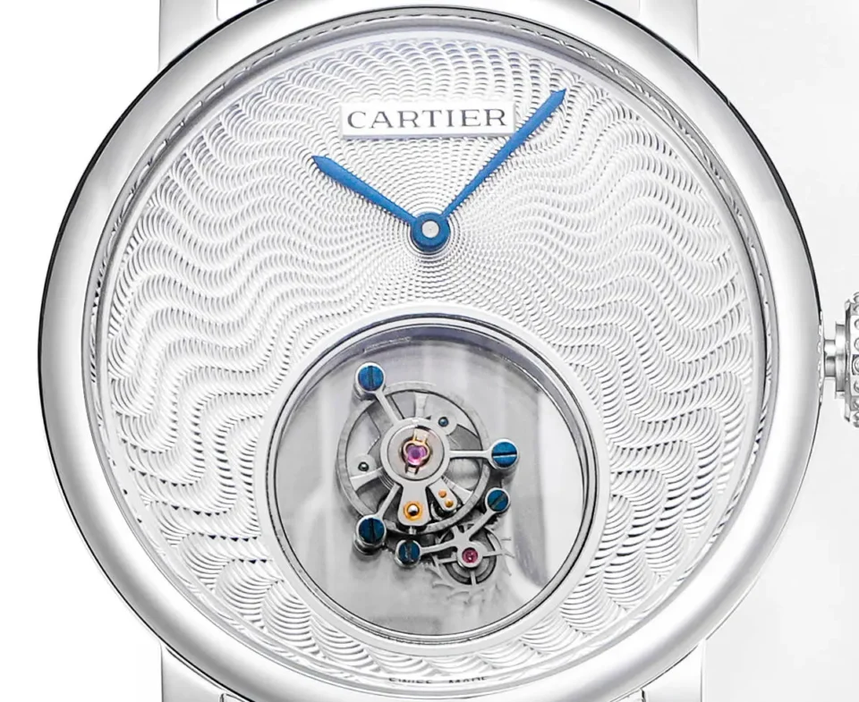Cartier Rotonde de Cartier Tourbillon silver dial stainless steel case watch with blue hands and visible tourbillon mechanism