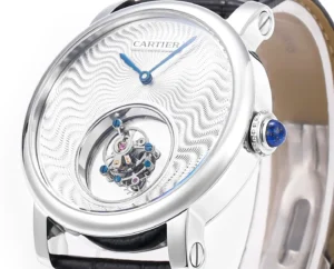 Cartier Ballon Bleu silver guilloche dial blue sword hands stainless steel case leather strap watch
