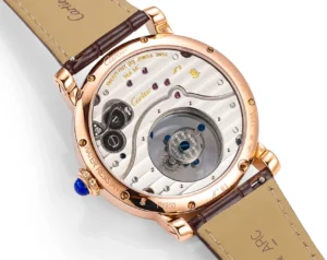 Cartier Drive de Cartier pink gold watch with transparent case back and brown leather strap