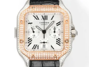 Cartier Santos 100 diamond bezel rose gold and stainless steel watch with white dial and black leather strap