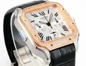 Cartier Santos 100 silver dial rose gold diamond bezel stainless steel case black leather watch