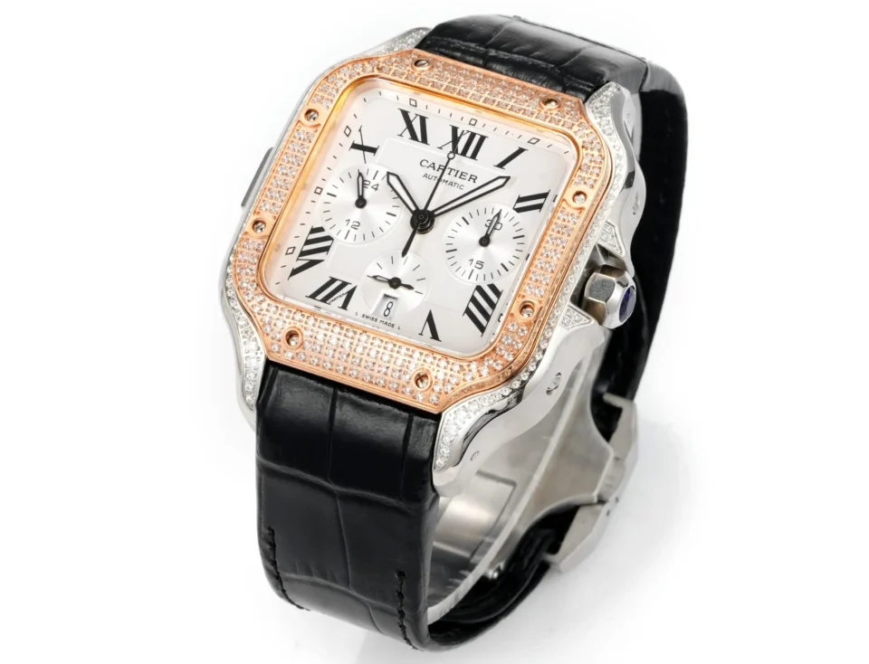 Cartier Santos 100 chronograph white dial rose gold diamond bezel stainless steel watch with black leather strap