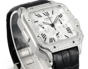 Cartier Santos Chronograph white dial diamond bezel stainless steel case black leather watch