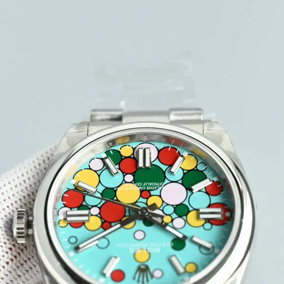 Rolex Oyster Perpetual turquoise dial multicolor bubble pattern stainless steel watch