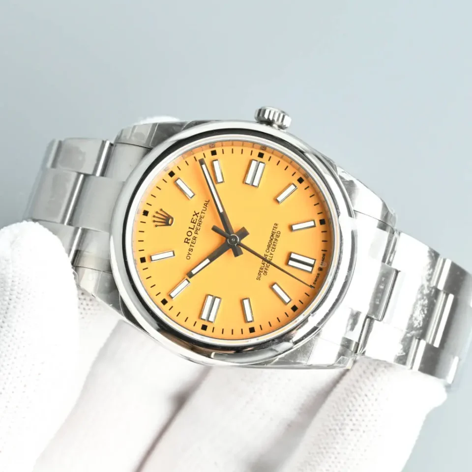 Rolex Oyster Perpetual yellow dial stainless steel bezel stainless steel watch