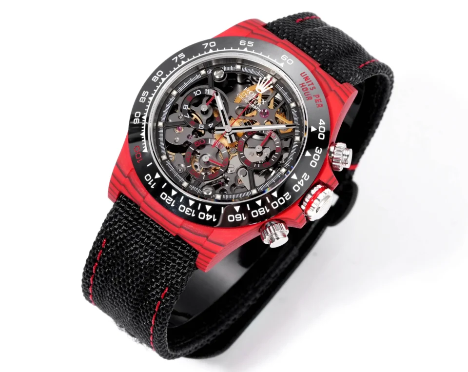 Rolex Daytona skeleton dial black ceramic bezel red carbon fiber case watch with black fabric strap