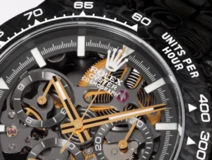 Rolex Oyster Cosmograph black dial carbon bezel stainless steel watch close-up showing intricate gears and tachymeter scale