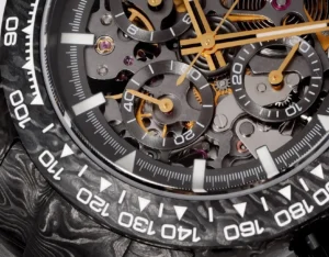 Rolex Daytona 116500LN black dial carbon fiber bezel stainless steel watch with skeleton mechanics detail