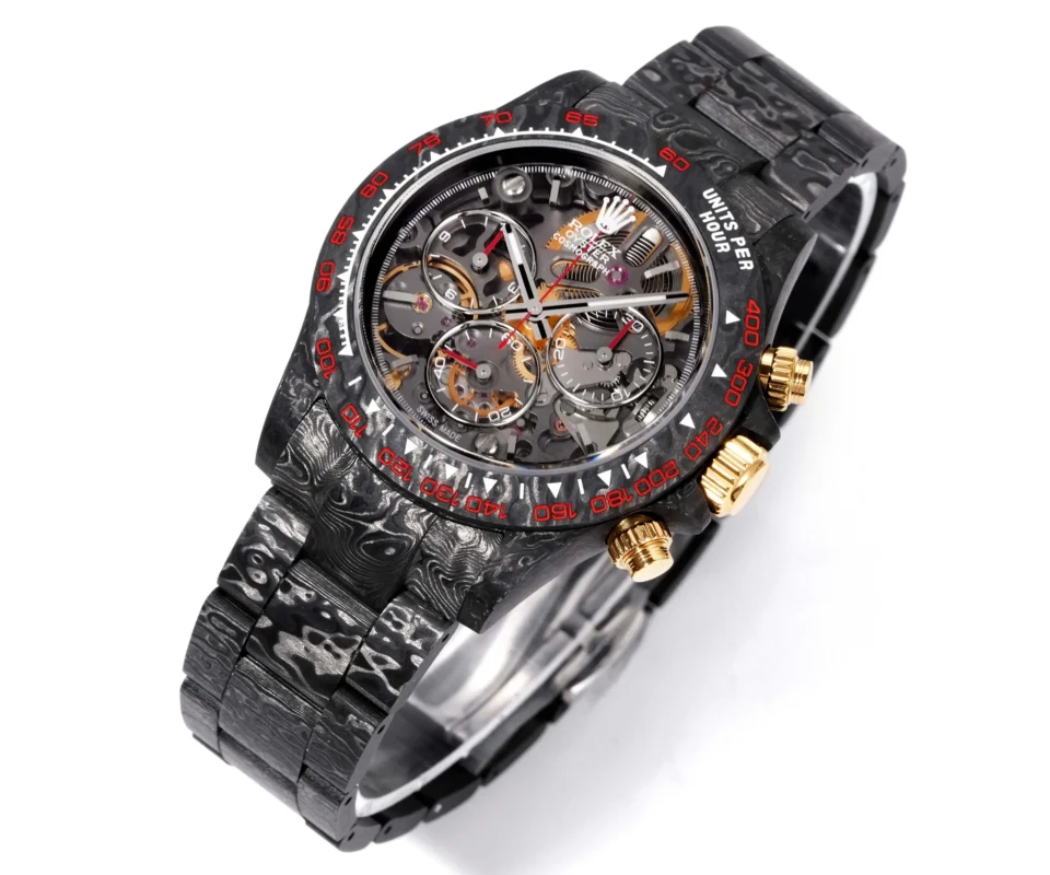 Rolex Daytona carbon edition skeleton dial black carbon bezel case watch with gold crown and pushers