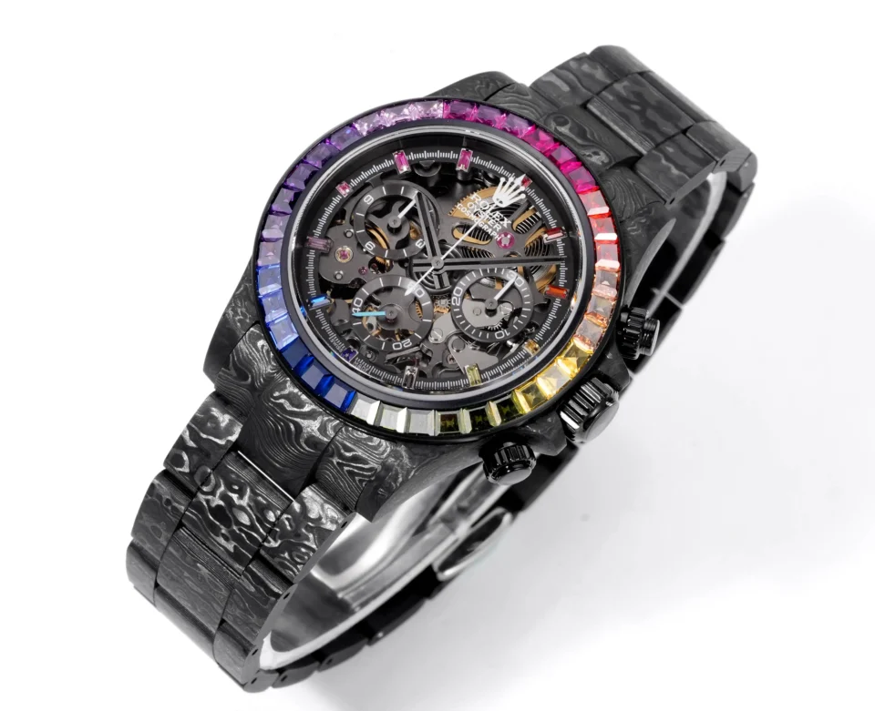 Rolex Cosmograph Daytona black skeleton dial rainbow bezel forged carbon watch