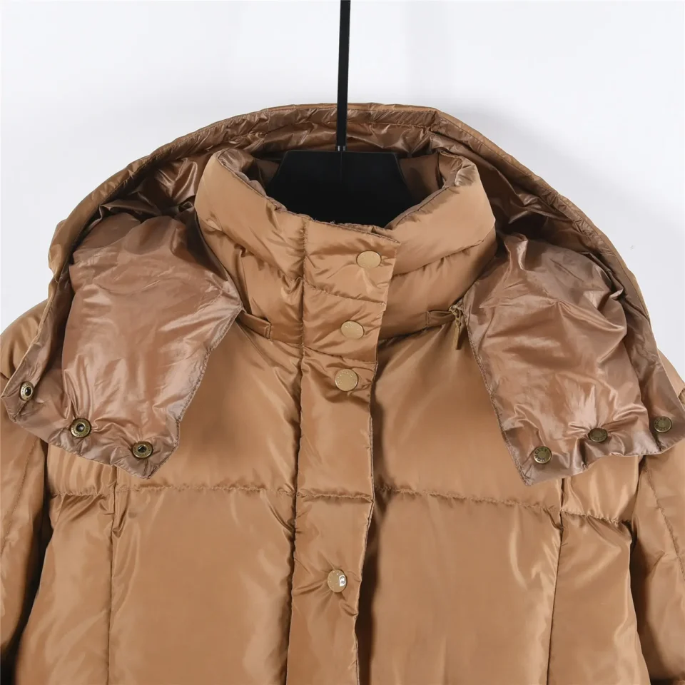 Moncler puffer jacket tan nylon insulated with snap button front and detachable hood