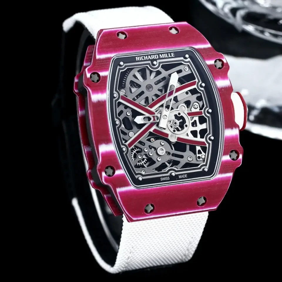 Richard Mille RM 055 red aluminum skeleton dial white fabric strap luxury watch