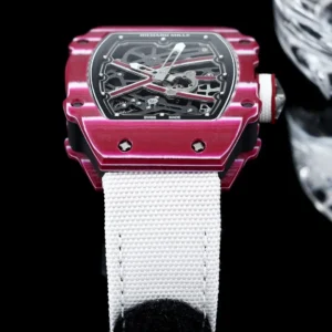 Richard Mille RM 67-02 red quartz TPT bezel black skeleton dial titanium case watch with white fabric strap