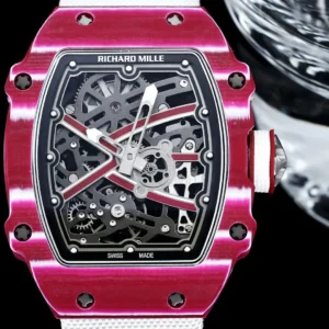 Richard Mille RM 055 Tourbillon skeleton dial titanium bezel pink case watch with white strap