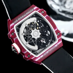 Richard Mille RM 61-02 Foxtrot red dial titanium case watch with black strap and transparent back showcasing movement mechanism