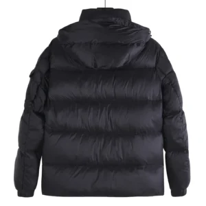 Moncler puffer jacket black nylon insulated winter coat with hood and elastic cuffs