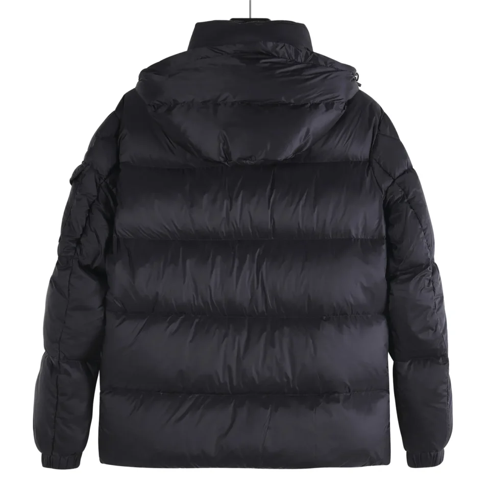 Moncler puffer jacket black nylon insulated winter coat with hood and elastic cuffs